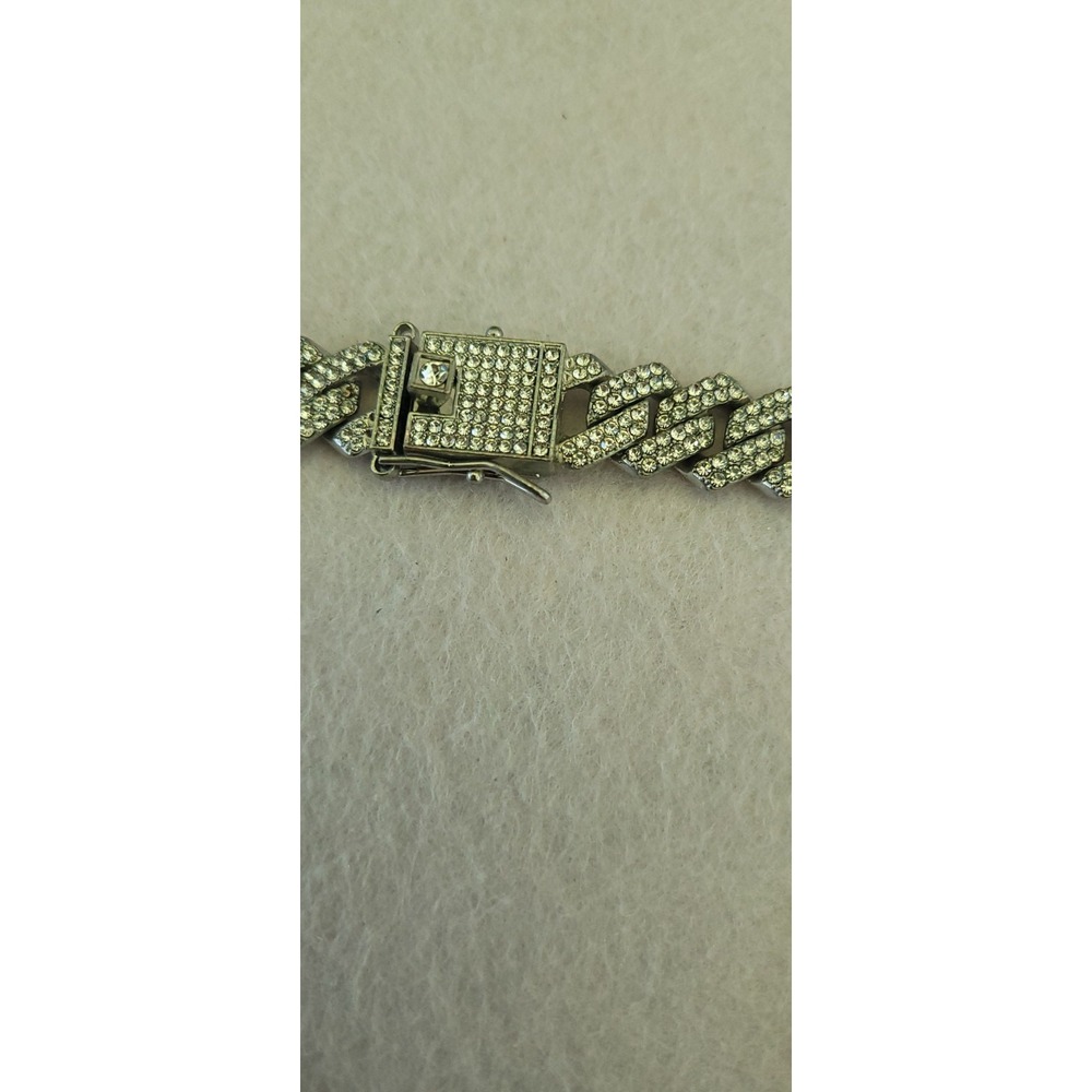 Vintage Rhinestone Curb Chain Choker Necklace Silver Tone 14in Statement Flaw - Picture 6 of 11